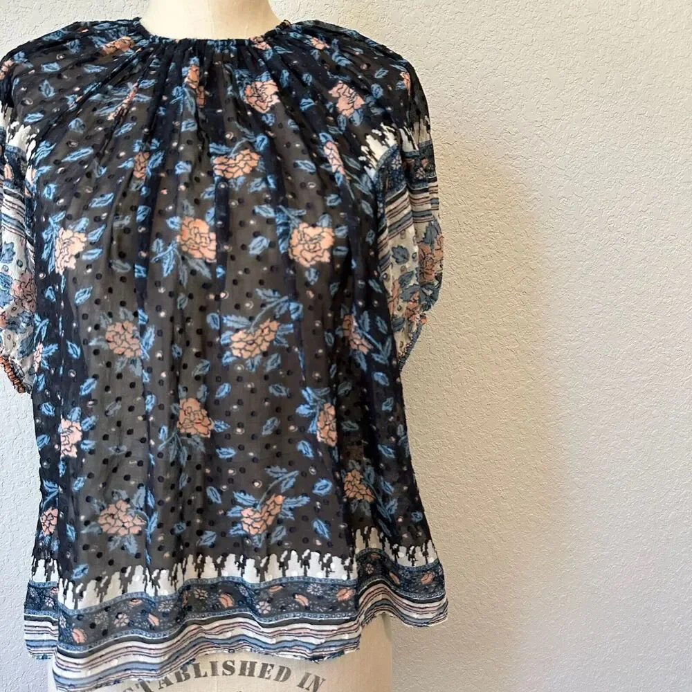ULLA JOHNSON Inez Blouse Sheer Puff-Sleeve in Multi Floral Print